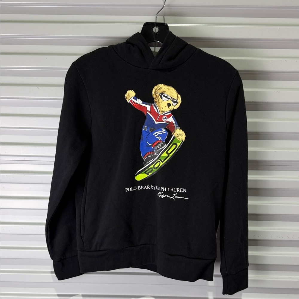 Ralph Lauren Black Hoodie with Polo Bear Graphic Kids L 14-16